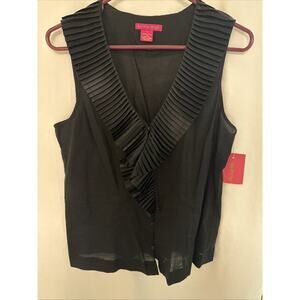 Sunny Leigh Blouse Women S Button Up Pleated Collar Sleeveless Black Semi Sheer
